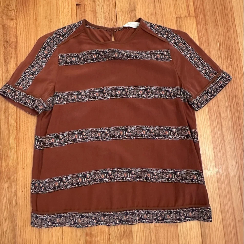 Tory Burch SILK Rust Brown Striped Floral Pattern tee Boho Size 4 (#)